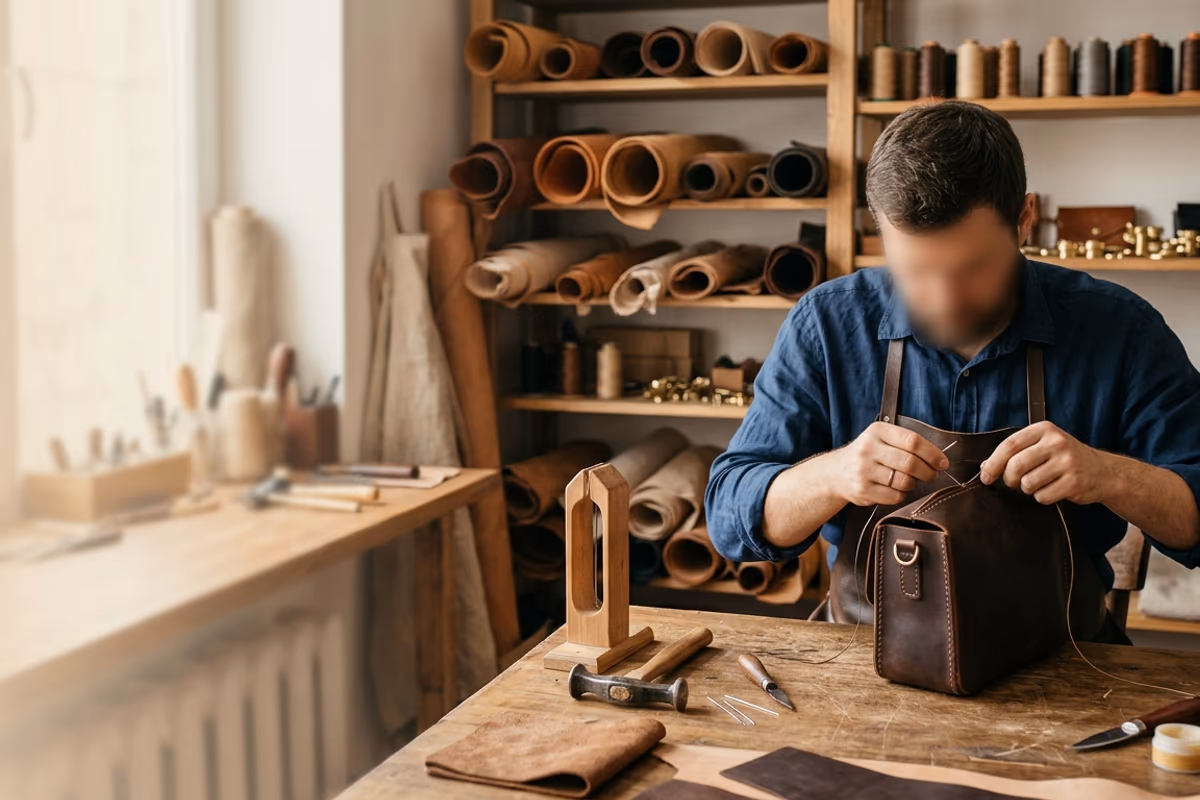 Artisan concentré travaillant le bois à l'établi dans son atelier bien équipé